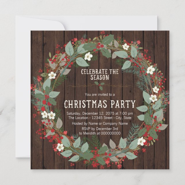 Rustic Holly Wreath Christmas Party Invitation (Front)