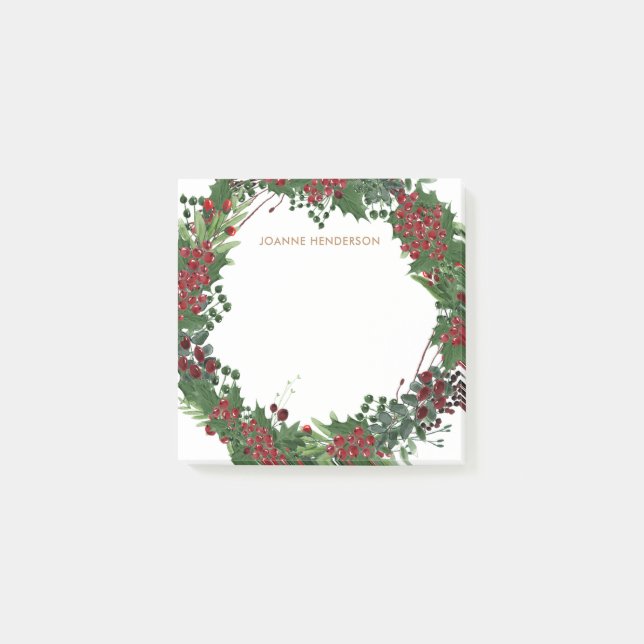 Rustic holly wreath monogrammed Christmas Post-it Notes (Front)