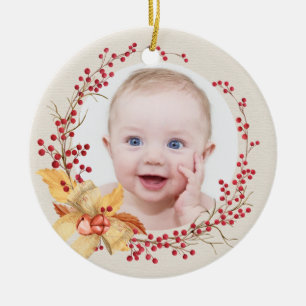 Rustic Holly Wreath Photo Baby's First Christmas Ceramic Ornament