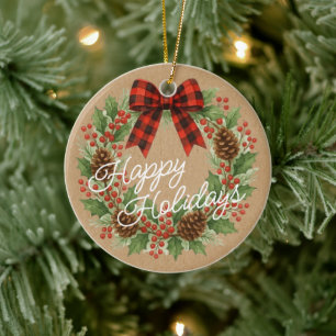 Rustic Holly Wreath Red Black Checkered Bow Ceramic Ornament