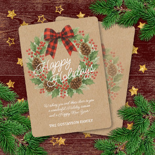 Rustic Holly Wreath Red Black Checkered Bow Holiday Card