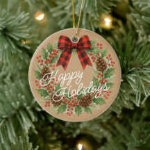 Rustic Holly Wreath Red Black Chequered Bow