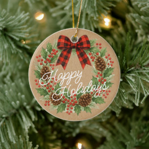 Rustic Holly Wreath Red Black Chequered Bow Ceramic Ornament