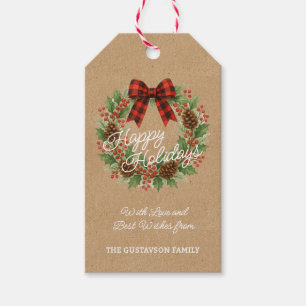 Rustic Holly Wreath Red Black Chequered Bow Gift Tags