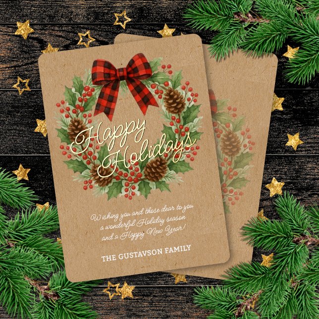 Rustic Holly Wreath Red Black Chequered Bow Gold Foil Holiday Card (Creator Uploaded)