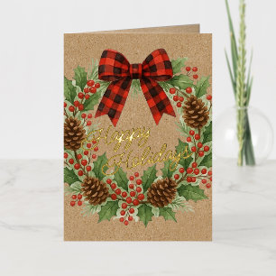 Rustic Holly Wreath Red Black Chequered Bow Gold Foil Holiday Card