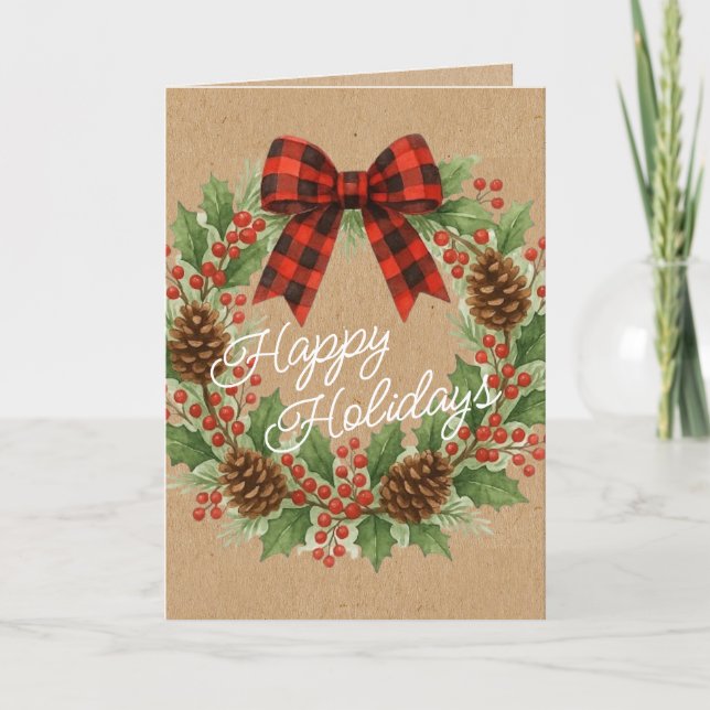 Rustic Holly Wreath Red Black Chequered Bow Holiday Card (Front)