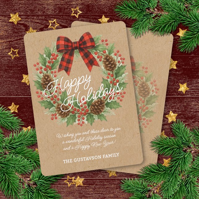 Rustic Holly Wreath Red Black Chequered Bow Holiday Card (Creator Uploaded)