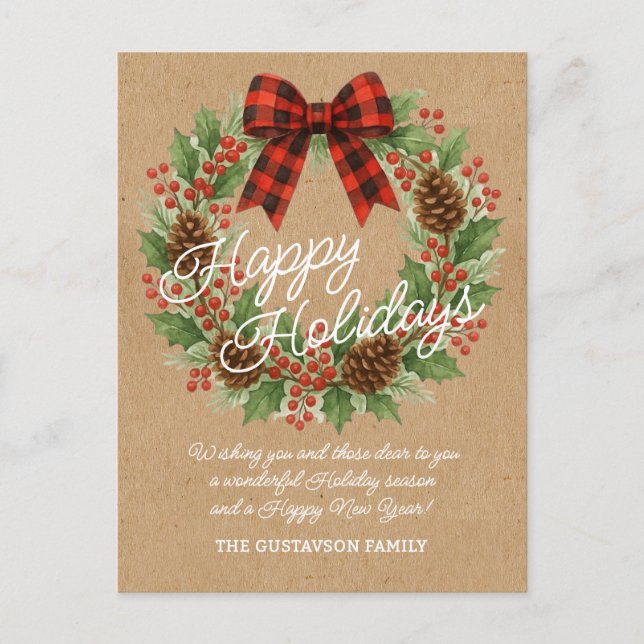 Rustic Holly Wreath Red Black Chequered Bow Holiday Postcard (Front)