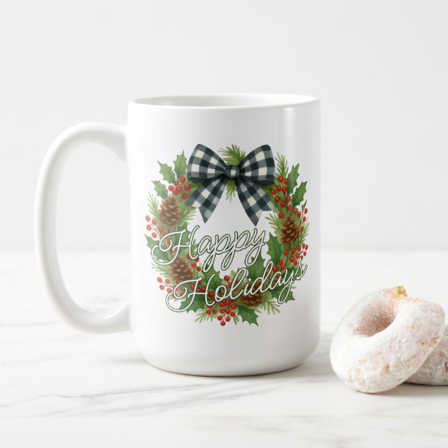 Rustic Holly Wreath White Black Checkered Bow Coffee Mug (With Donut)