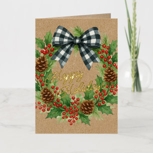 Rustic Holly Wreath White Black Checkered Bow Gold Foil Holiday Card