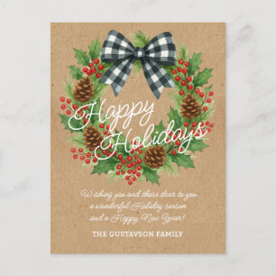 Rustic Holly Wreath White Black Checkered Bow Holiday Postcard