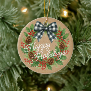 Rustic Holly Wreath White Black Chequered Bow Ceramic Ornament