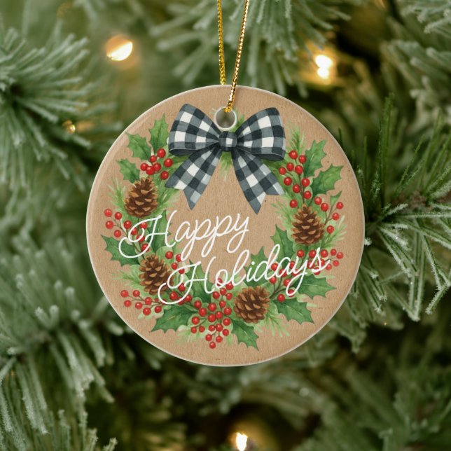 Rustic Holly Wreath White Black Chequered Bow Ceramic Ornament (Tree)