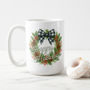 Rustic Holly Wreath White Black Chequered Bow Coffee Mug