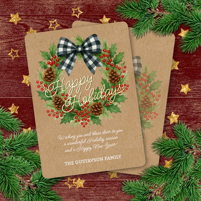 Rustic Holly Wreath White Black Chequered Bow Gold Foil Holiday Card (Creator Uploaded)
