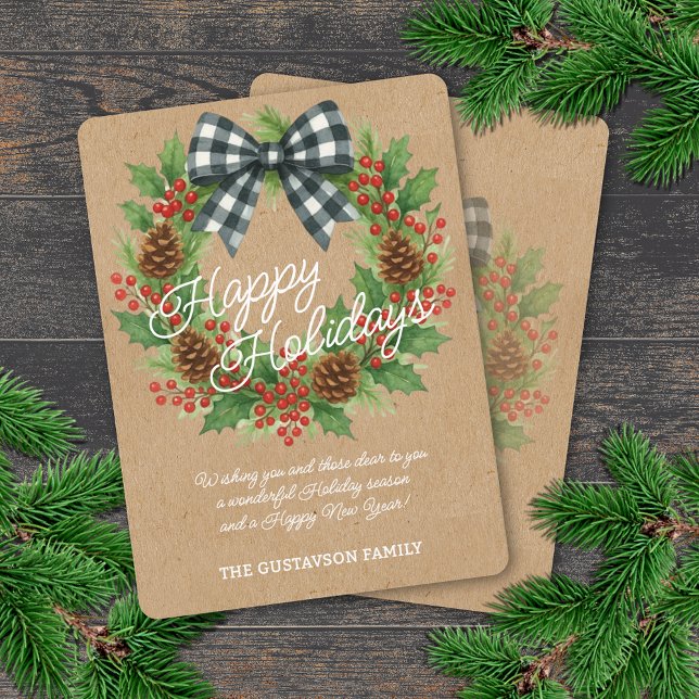 Rustic Holly Wreath White Black Chequered Bow Holiday Card (Creator Uploaded)