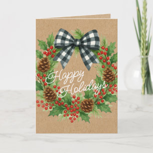 Rustic Holly Wreath White Black Chequered Bow Holiday Card