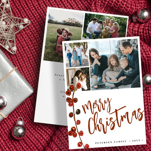 Rustic holy berry 6 photo collage Merry Christmas  Holiday Card (Creator Uploaded)