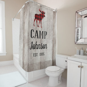 Rustic Home Grey Wood Plaid Moose Family Camp Shower Curtain