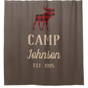 Rustic Home  Plaid Moose Family Camp Shower Curtain
