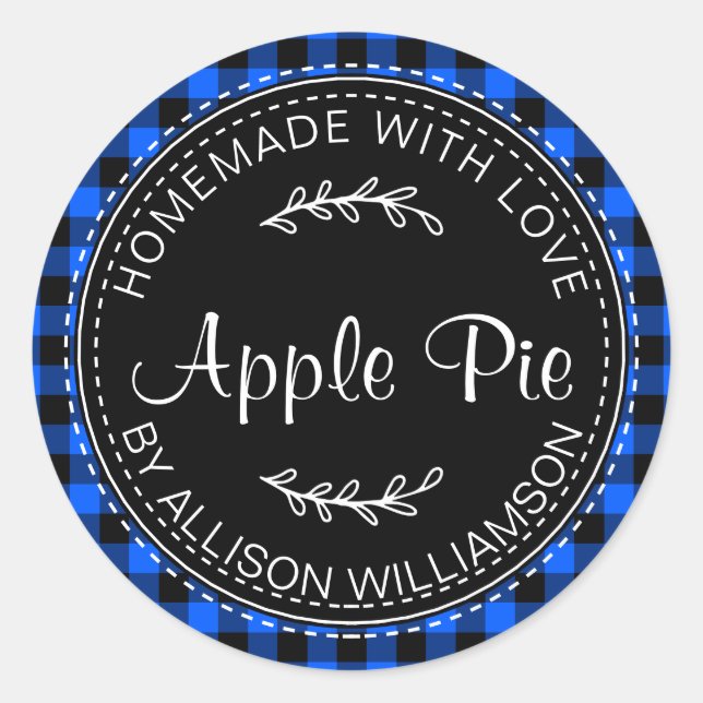 Rustic Homemade Apple Pie Blue Black Plaid Classic Round Sticker (Front)