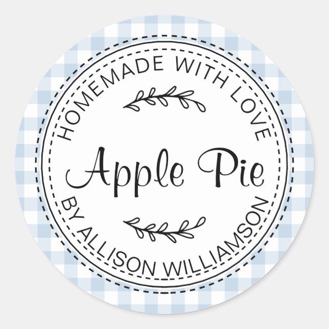 Rustic Homemade Apple Pie Blue Check Classic Round Sticker (Front)