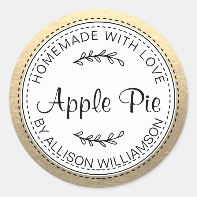 Rustic Homemade Apple Pie Gold Classic Round Sticker (Front)