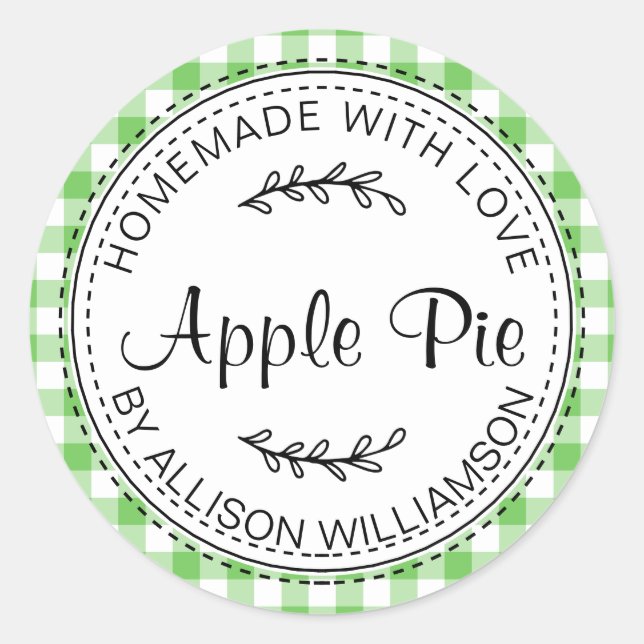 Rustic Homemade Apple Pie Green Check Pattern Classic Round Sticker (Front)