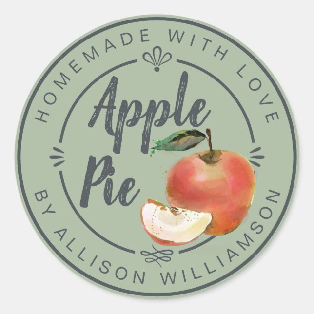 Rustic Homemade Apple Pie Green Classic Round Sticker (Front)