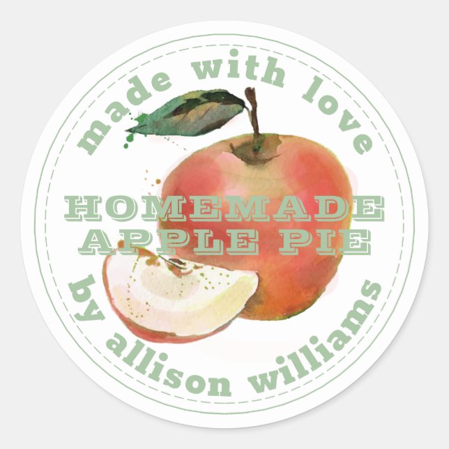 Rustic Homemade Apple Pie Green White Classic Round Sticker (Front)