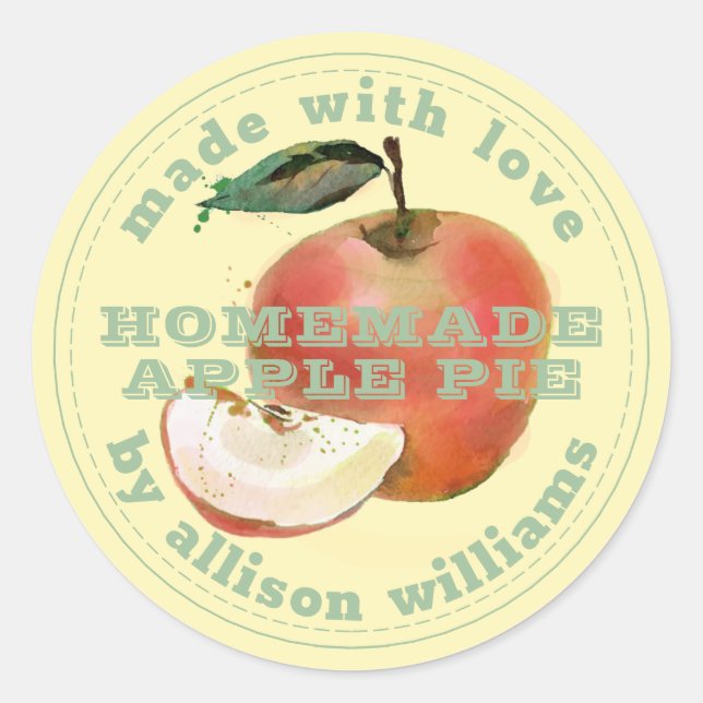 Rustic Homemade Apple Pie Green Yellow Classic Round Sticker (Front)