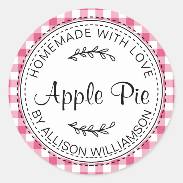 Rustic Homemade Apple Pie Hot Pink Check Classic Round Sticker (Front)