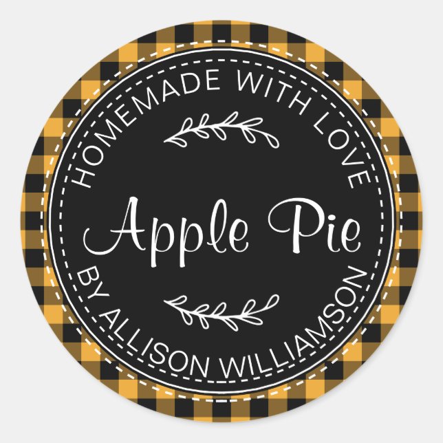 Rustic Homemade Apple Pie Mellow Yellow Plaid Classic Round Sticker (Front)