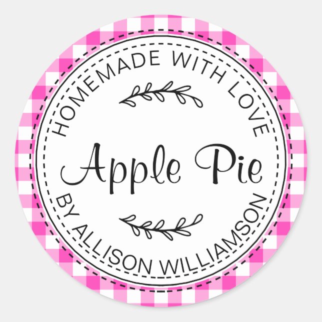 Rustic Homemade Apple Pie Neon Pink Check Classic Round Sticker (Front)