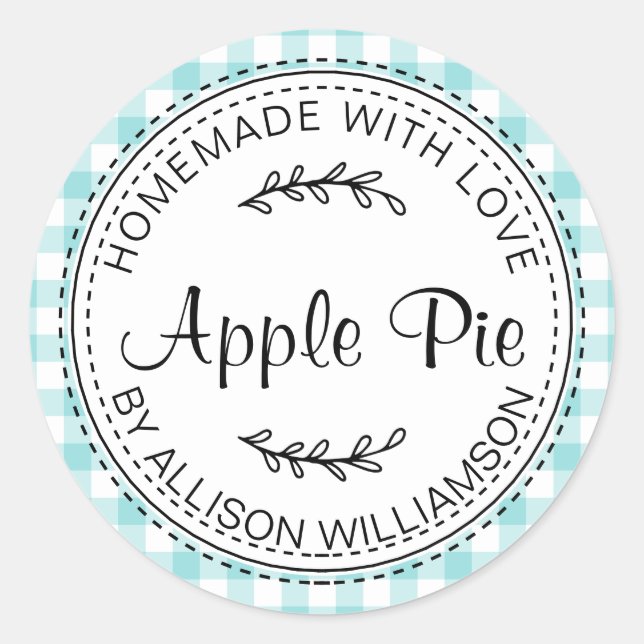 Rustic Homemade Apple Pie Turquoise Blue Check Classic Round Sticker (Front)