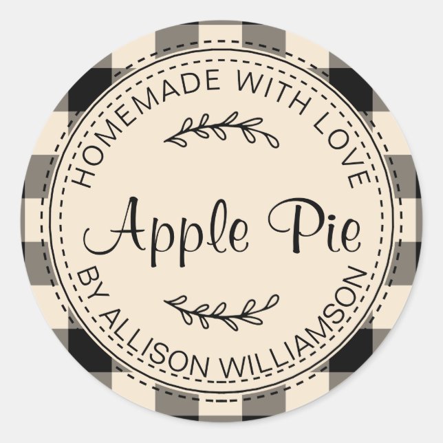 Rustic Homemade Baked Goods Apple Pie Black Check Classic Round Sticker (Front)