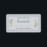 Rustic Homemade Baked Goods Jam Can Pastel Blue Label<br><div class="desc">Rustic, simple and modern blank homemade baked goods and jam canning jar sticker with the text made with love, homemade and your name in off-black modern script and typography on a pastel blue background with a stylish touch of pine foliage. Simply add your name and the product name to the...</div>