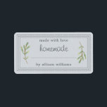 Rustic Homemade Baked Goods Jam Can Pastel Blue Label<br><div class="desc">Rustic, simple and modern blank homemade baked goods and jam canning jar sticker with the text made with love, homemade and your name in off-black modern script and typography on a pastel blue background with a stylish touch of pine foliage. Simply add your name and the product name to the...</div>