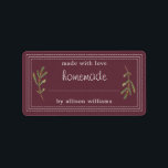 Rustic Homemade Baked Goods Jam Canning Burgundy Label<br><div class="desc">Rustic, simple and modern blank homemade baked goods and jam canning jar sticker with the text made with love, homemade and your name in white modern script and typography on a burgundy background with a stylish touch of pine foliage. Simply add your name and the product name to the fully...</div>