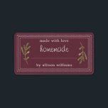 Rustic Homemade Baked Goods Jam Canning Burgundy Label<br><div class="desc">Rustic, simple and modern blank homemade baked goods and jam canning jar sticker with the text made with love, homemade and your name in white modern script and typography on a burgundy background with a stylish touch of pine foliage. Simply add your name and the product name to the fully...</div>