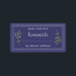 Rustic Homemade Baked Goods Jam Canning Navy Blue Label<br><div class="desc">Rustic, simple and modern blank homemade baked goods and jam canning jar sticker with the text made with love, homemade and your name in white modern script and typography on a navy blue background with a stylish touch of pine foliage. Simply add your name and the product name to the...</div>