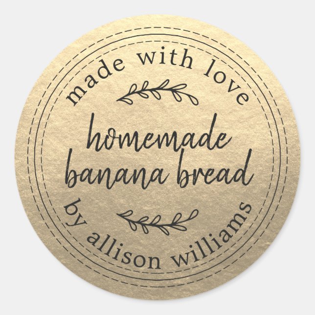 Rustic Homemade Banana Bread Gold Classic Round Sticker (Front)