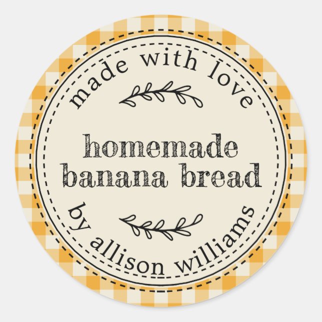 Rustic Homemade Banana Bread Mellow Yellow Check Classic Round Sticker (Front)