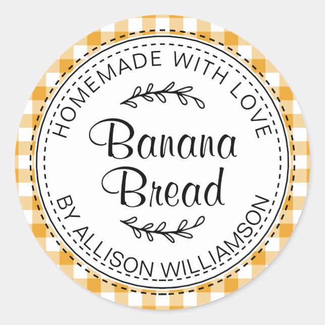 Rustic Homemade Banana Bread Mellow Yellow Check Classic Round Sticker (Front)