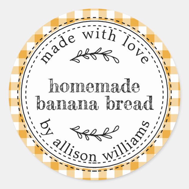Rustic Homemade Banana Bread Mellow Yellow Check Classic Round Sticker (Front)
