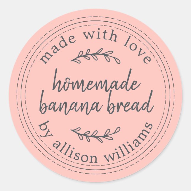 Rustic Homemade Banana Bread Pastel Pink Classic Round Sticker (Front)