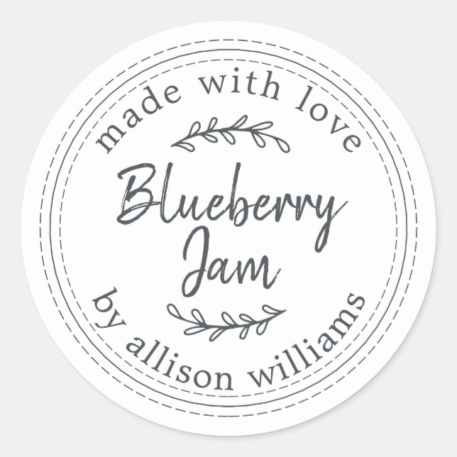 Rustic Homemade Blueberry Jam Canning Black White Classic Round Sticker (Front)
