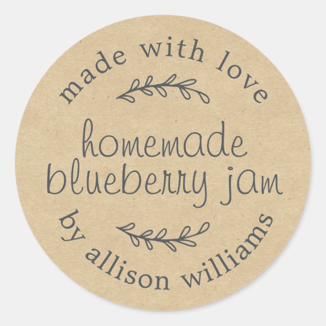 Rustic Homemade Blueberry Jam Canning Kraft Paper Classic Round Sticker (Front)