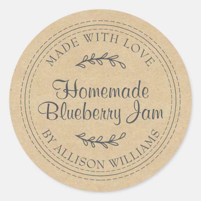 Rustic Homemade Blueberry Jam Canning Kraft Paper Classic Round Sticker (Front)